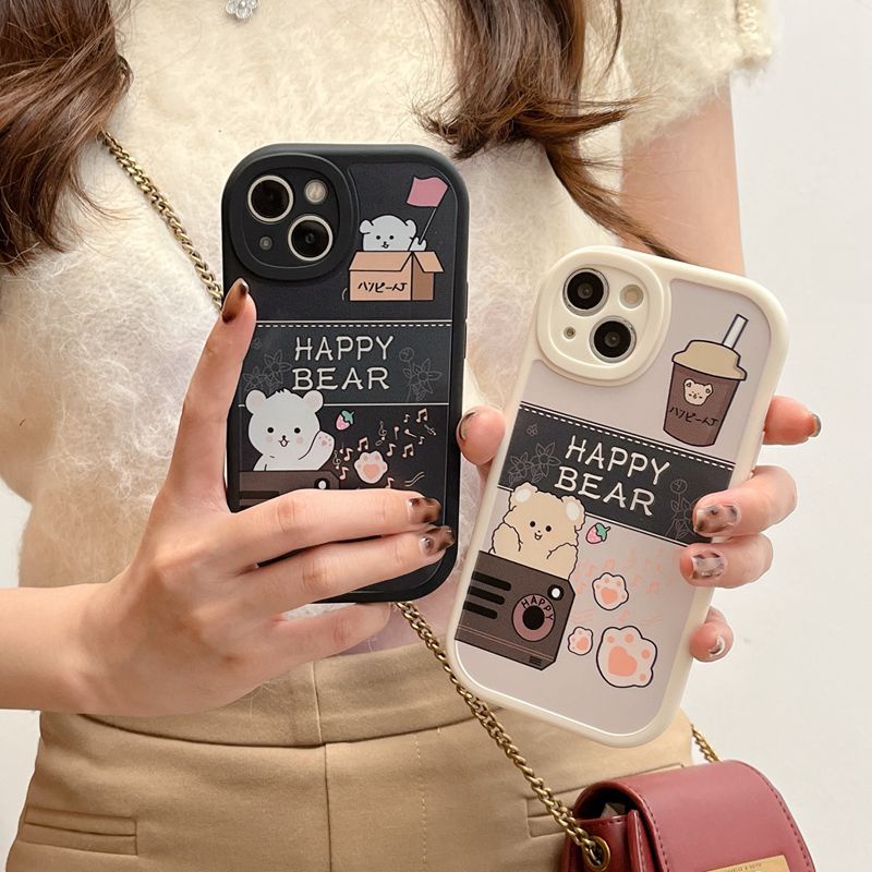 [Baolongwish] Couple Cute Milk Tea Bear SoftCase Apple iPhone 6S 7 8 Plus XR XS Max 11 12 13 14 Pro max 14 pLUS Black Silicone Case