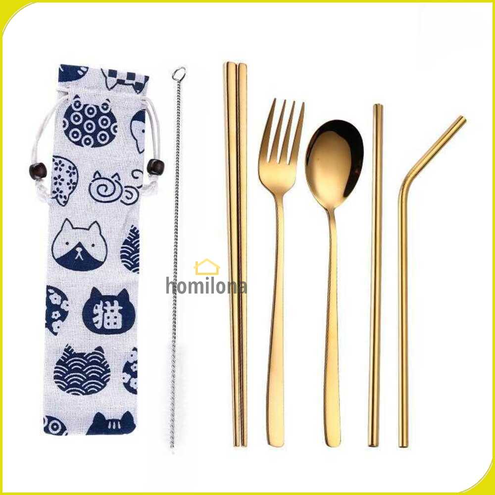 Tofok Cutlery Set Perlengkapan Makan Sendok Garpu Kitty Cloth Bag - T5