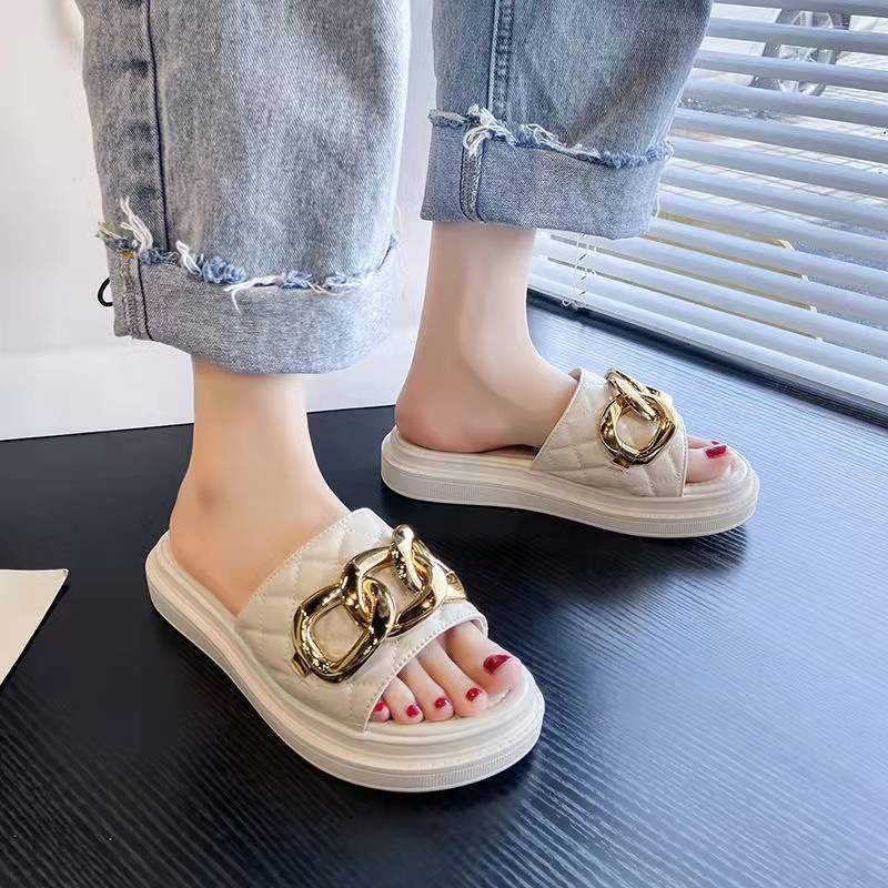 Sandal Slop Flat Wanita Slip On Model Rantai Bulat Fashion Style Kasual Cewek Nyaman Empuk PVC Satu7an SPT-40