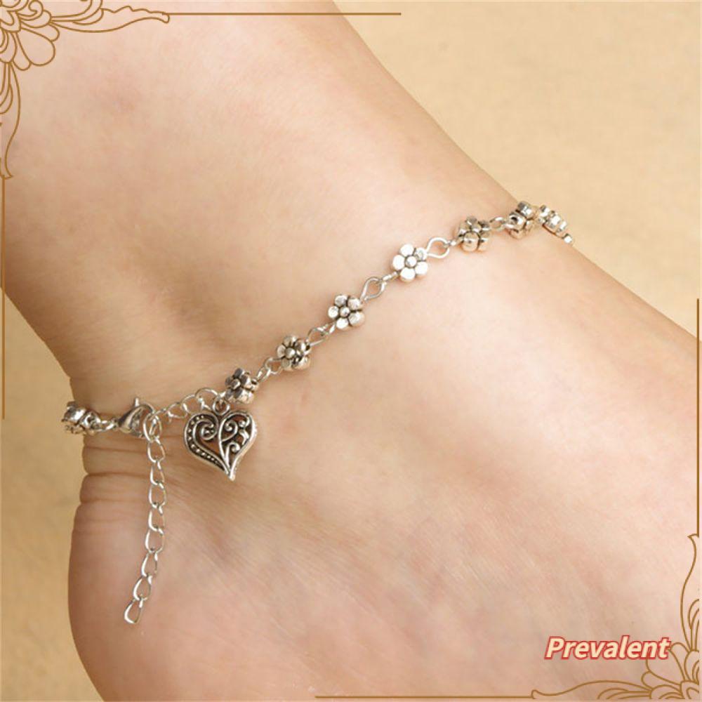 Preva Gelang Kaki Rantai Bunga Bangle Kaki Ornamen Vintage Liontin Hati Hollow Plum Wanita Gadis Bohemian Bracelet