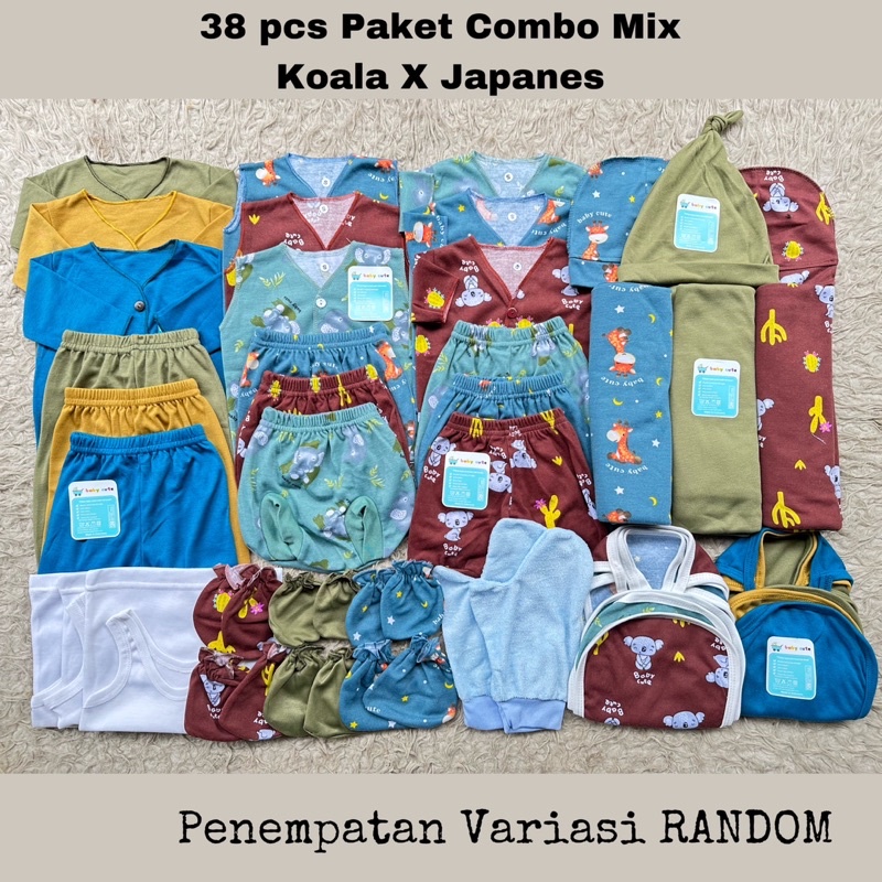 38pcs Paket Lahiran lengkap Mix  polos Japan dan printing koala Perlengkapan baju bayi celana kado baru Lahir SNI promo 8.8