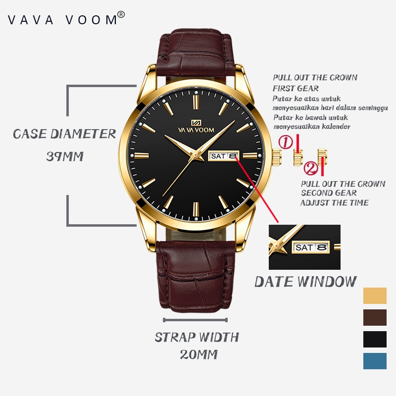 VAVAVOOM Jam Tangan Pria Original Anti Air Tahan Kulit Analog Men Watch Hitam Putih Biru Cod-8