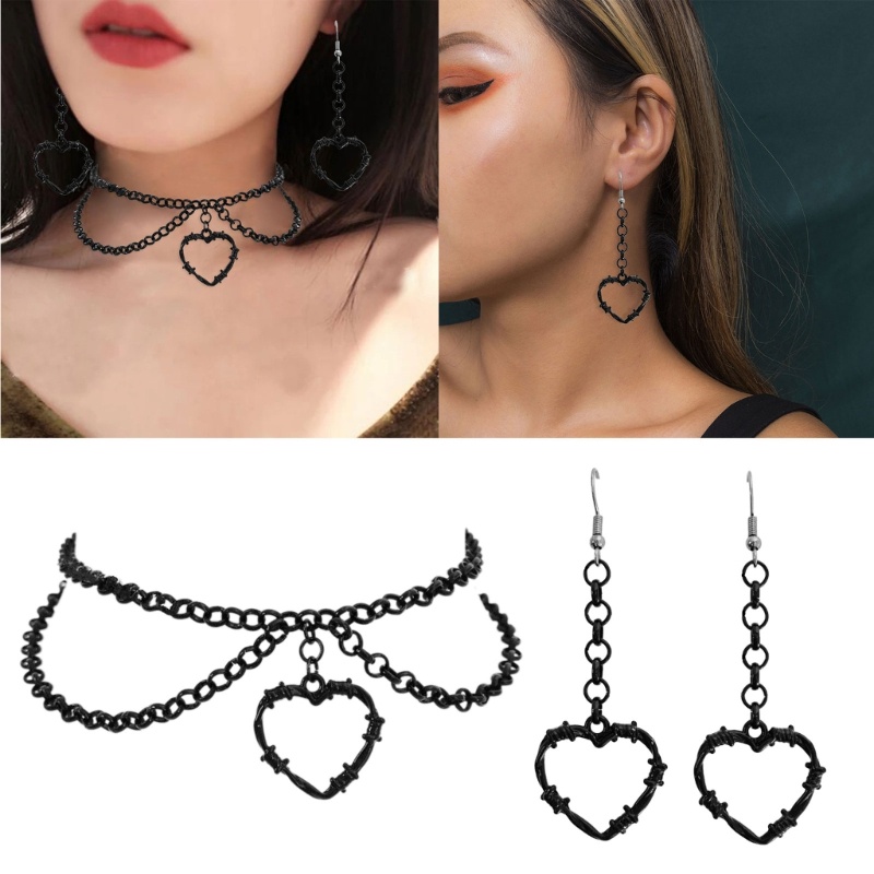 Siy Hip Hop Duri Jantung Liontin Anting Kalung Hitam Kawat Duri Choker Necklace