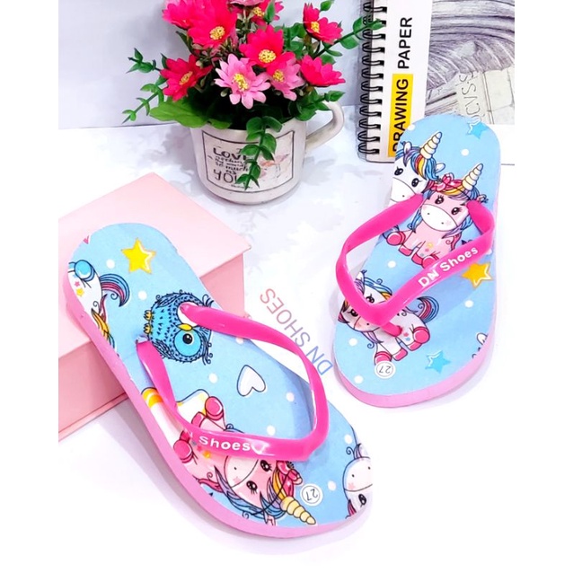 Sandal Anak Perempuan Sandal Jepit Anak Cewek Sandal Flat Anak Cewe Motif Unicorn Biru Lucu