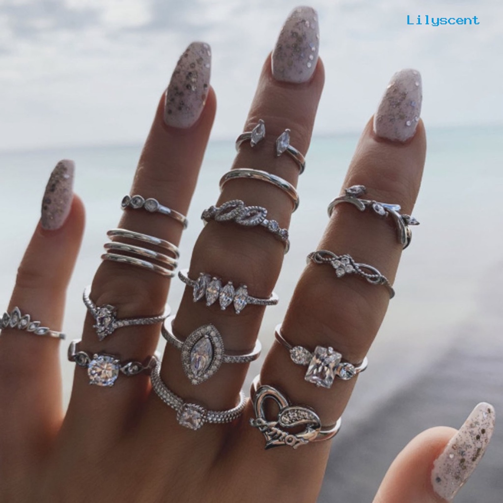 [LS] 15pcs/set Cincin Fashion Kerajinan Tangan Geometris Hati Kristal Imitasi Perhiasan Ring Untuk Pesta