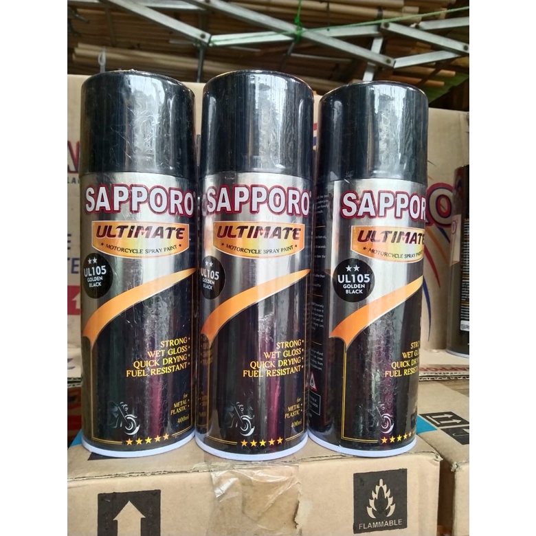 pilok pilox cat semprot sapporo ultimate saporo UL105 golden black hitam kemasan hitam kerlip emas g