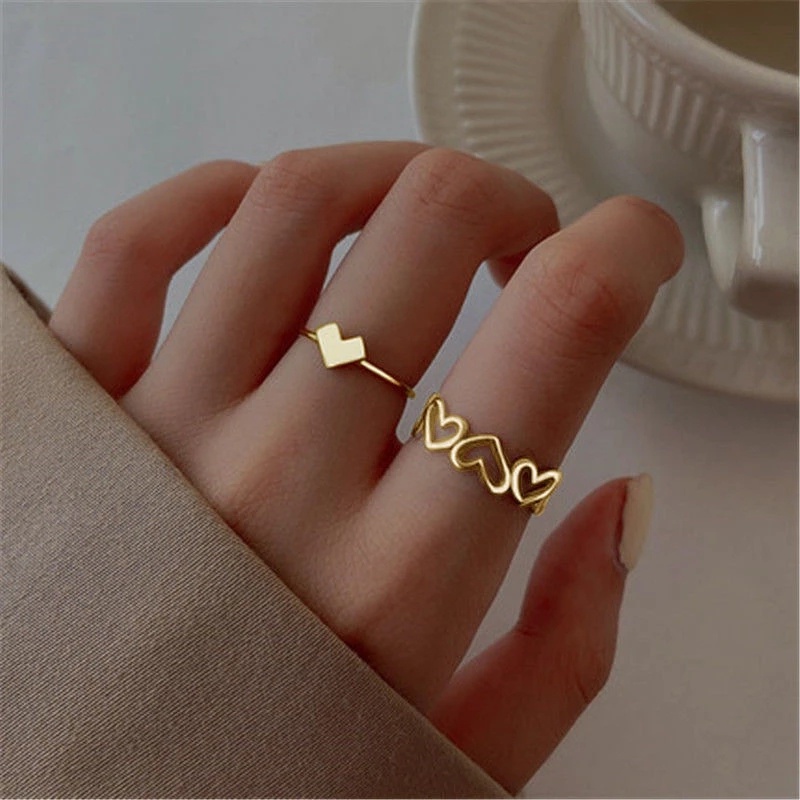 2pcs Set Cincin Couple Warna Hitam Emas/Wanita Perempuan Berbentuk Hati Cincin Terbuka Wanita