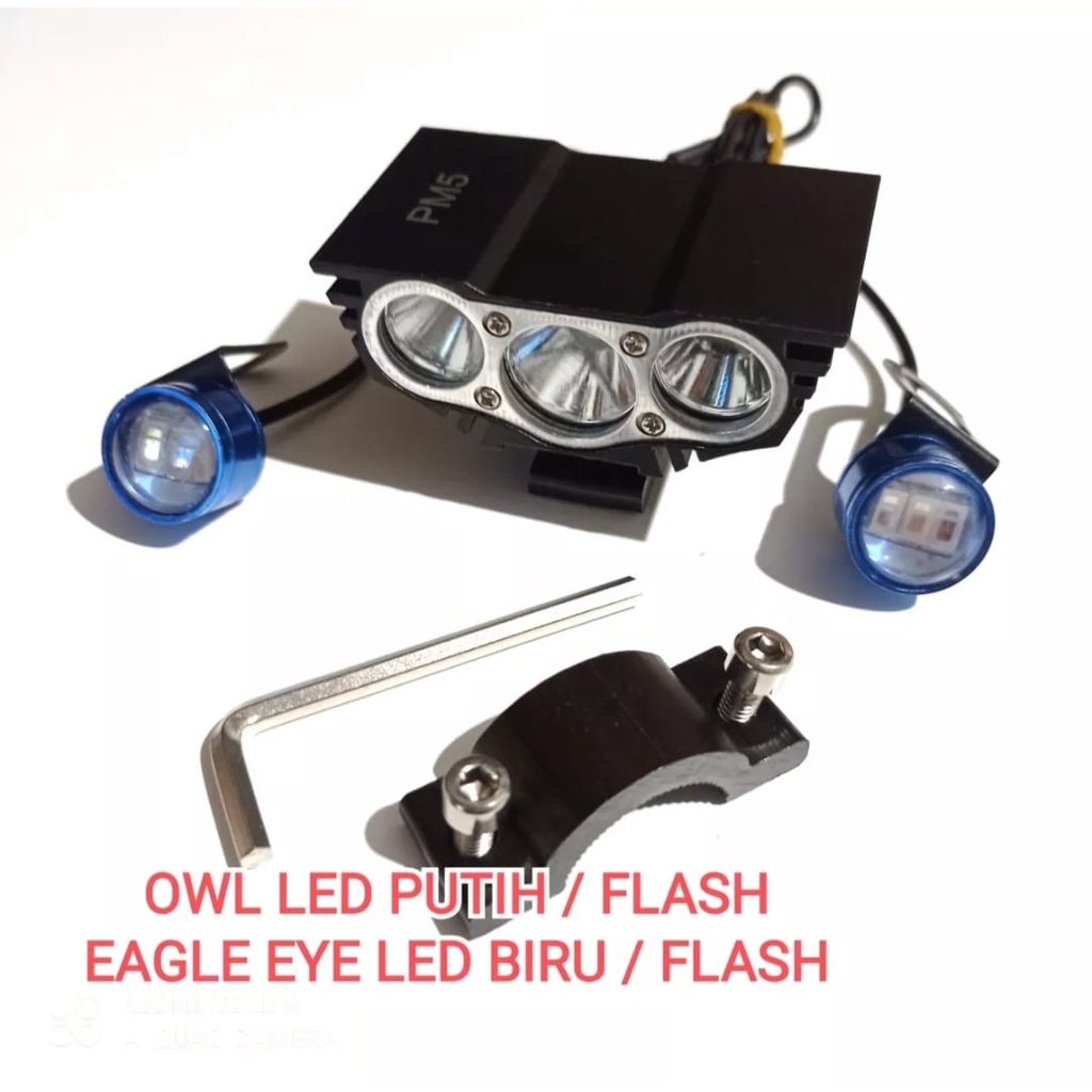 paket lampu tembak owl 3 mata cahaya putih+lampu led mata elang universal semua jenis motor