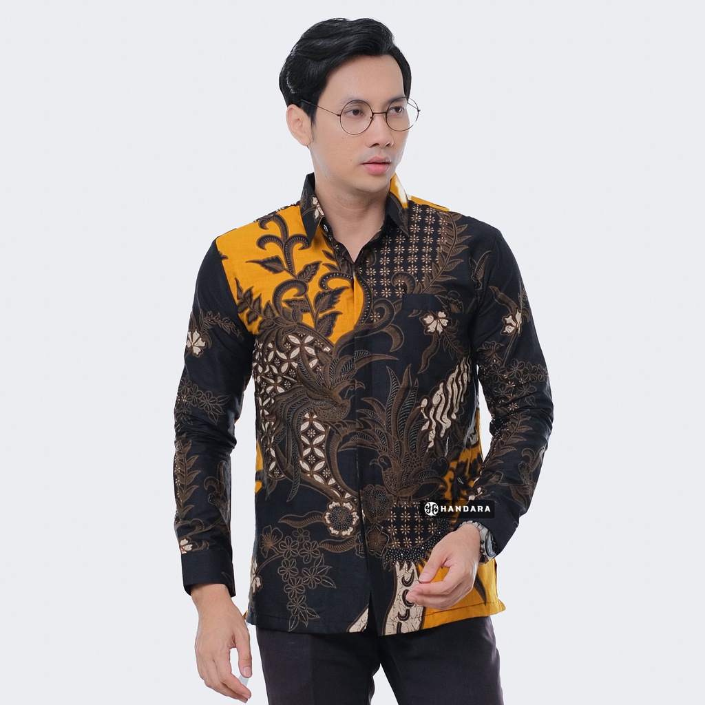 Baju Kemeja Batik Pria Lengan Panjang Slim Fit Premium Modern Full Furing Katun Halus Original Handara Motif Peksi Kuning Ireng HB-256