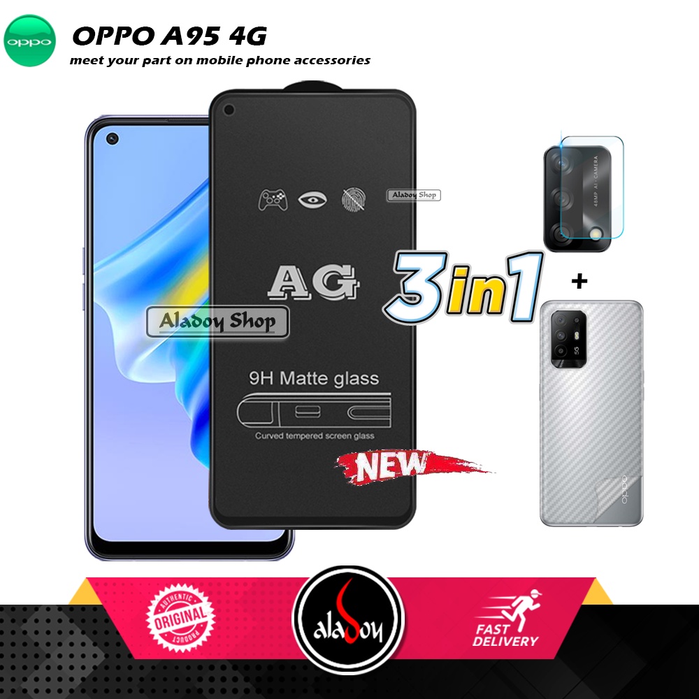 Paket 3IN1 Tempered Glass Layar Matte Anti Glare Oppo A95 4G Free Tempered Glass Camera dan Skin Carbon