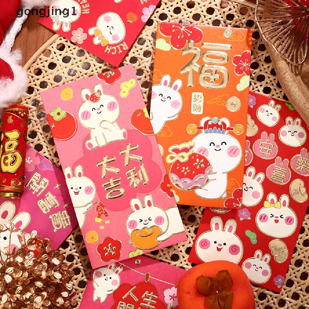 Ggg 6pcs Amplop Imlek 2023kelinci Merah New Year Red Packet Spring Festival Kantong Uang Hongbao Merah Hadiah Amplop ID