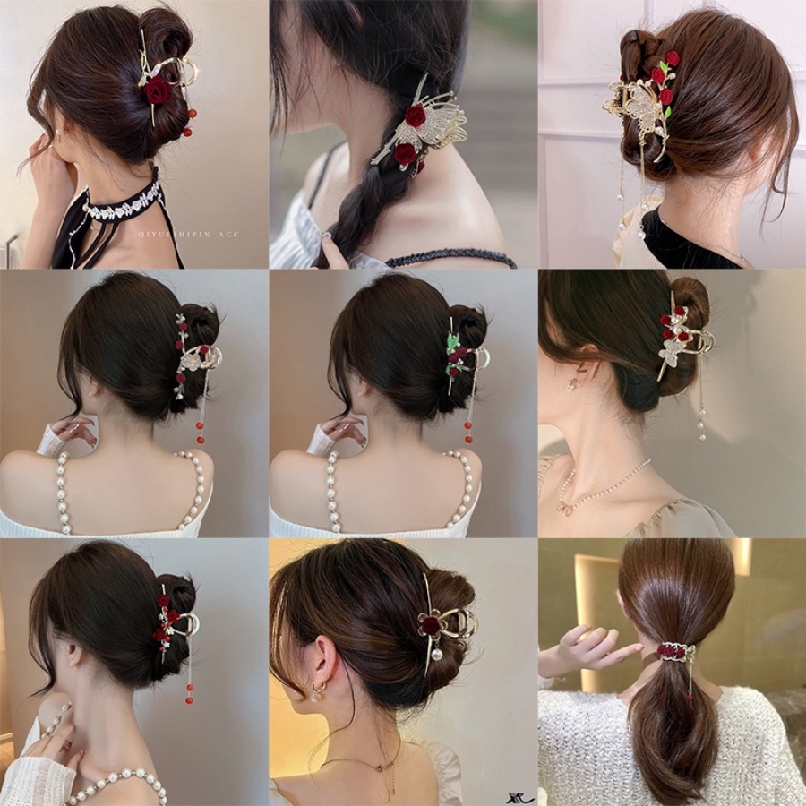 Korea Logam Merah Bunga Mutiara Berlian Imitasi Rambut Klip Kristal Berlian Rumbai Jepit Rambut Hair Claw Woman Aksesoris Rambut