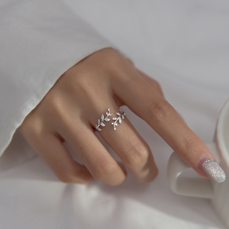 Cincin 925 Sterling Silver Manis Romantis Zirkon Cabang Terbuka Daun Kecil Dapat Disesuaikan Untuk Wanita Korea Perhiasan Pesta Pernikahan