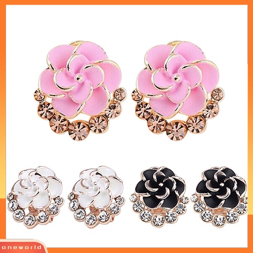 [WONE] Wanita Peony Camellia Bunga Berlian Imitasi Alloy Ear Stud Earrings Perhiasan Pesta