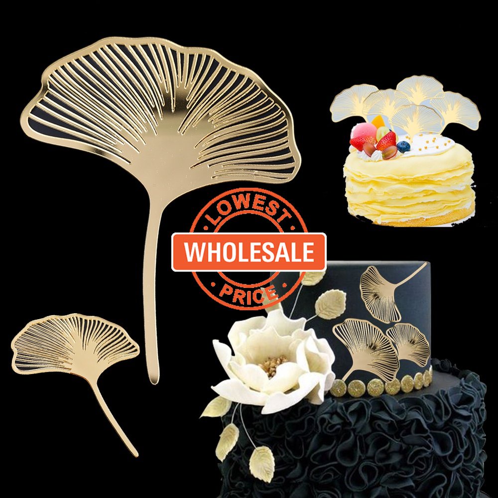 [Harga Grosir] Golden Akrilik Insert Card Ginkgo Leaves Cake Topper Muffin Ice Cream Ornamen Halus Dessert Decor Aksesoris Untuk Perayaan Pernikahan Ulang Tahun