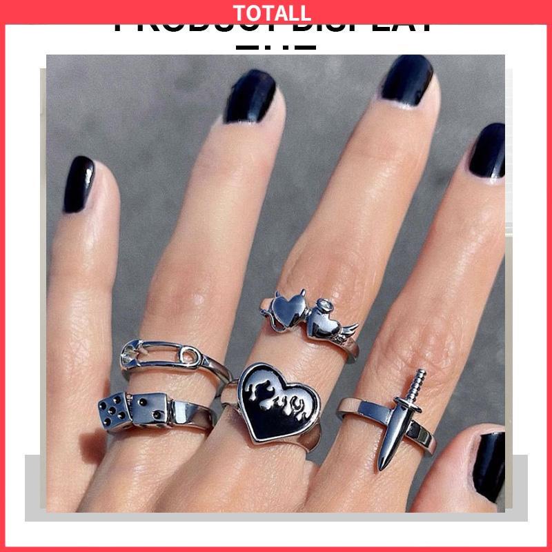 COD Domingo Ring Alloy peniti dadu love pedang retro silver cincin wanita fashion korea 5 set-Totall