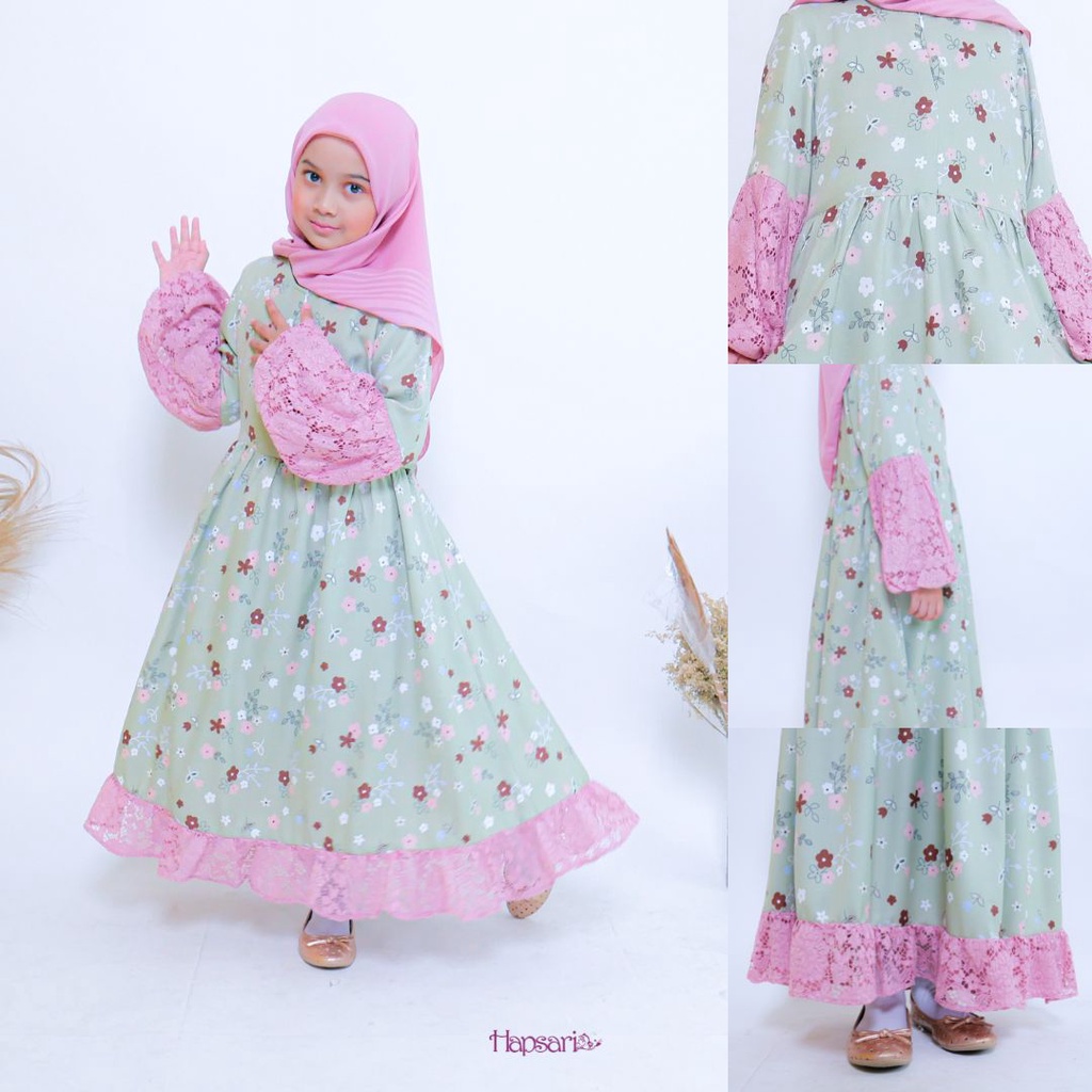 Hapsari - Rahima Dress Kids Korean Sage Green | Gamis Bunga | Brokat Lace