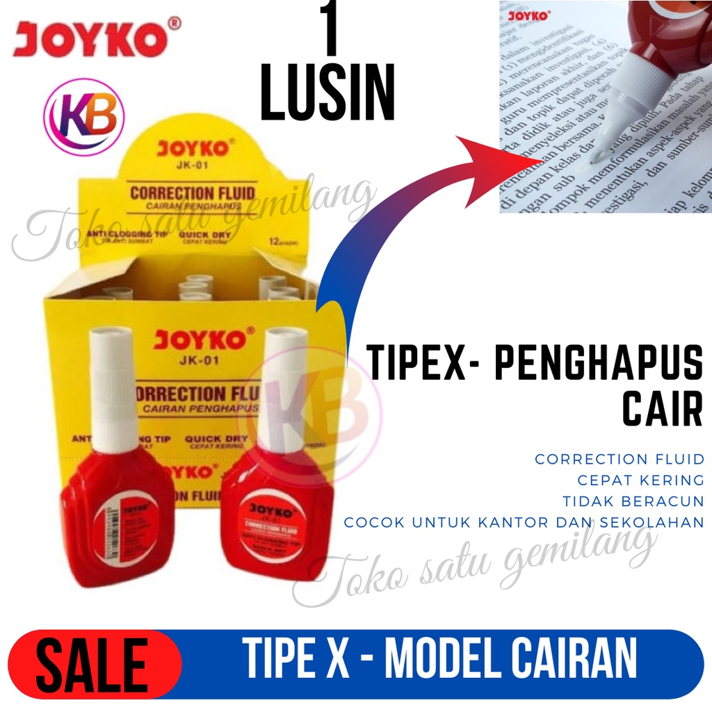 

Correction Fluid Joyko Jk-01 / Tipex Cair Cepat Kering / lusinan / 12 PCS / Toko Gemilang