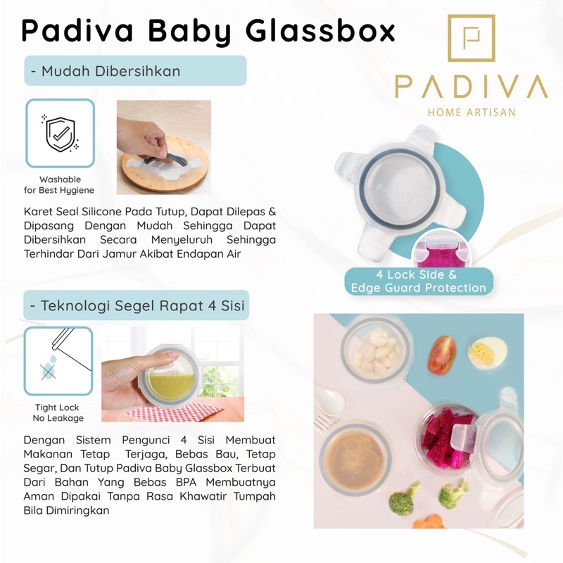 Padiva baby glassbox round 130ml ( isi 3pcs ) - kontainer kaca mpasi bayi