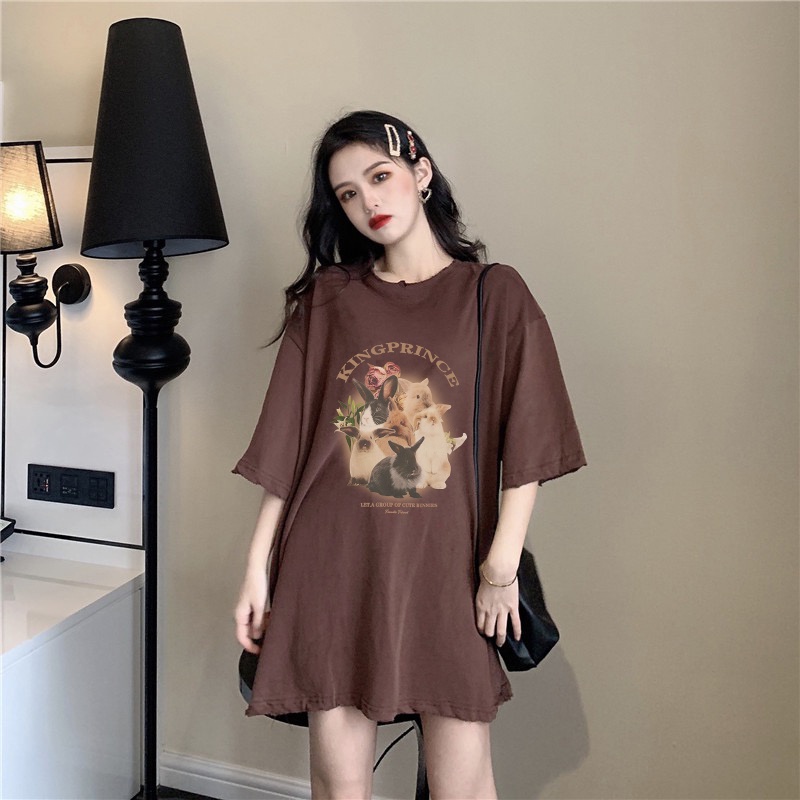 [chaoo.id]Rabbit Kaos Lengan Pendek Cream Atasan Wanita Oversize Printed T-shirt Kekinian Korean Style/atasan wanita import