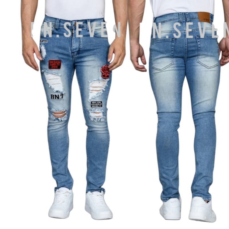 Wisdom Denim pants Slogan Patched Ripped Skinny Jeans pria Original - jeans Street Style Full Softjeans Stretch