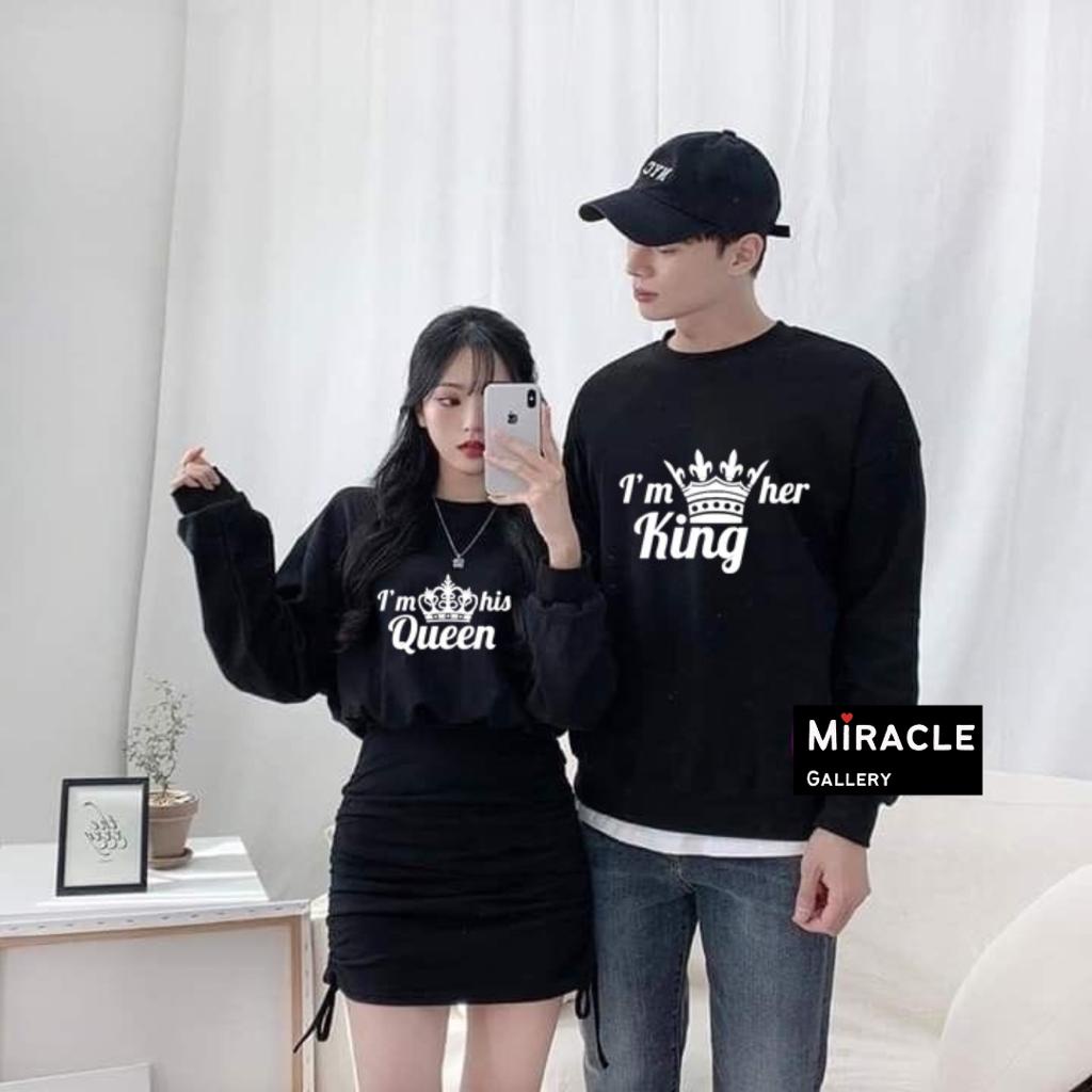 Sweater Oblong Crewneck Couple / Baju Pasangan HER KING HIS QUEEN Unisex Bahan Fleece Premium