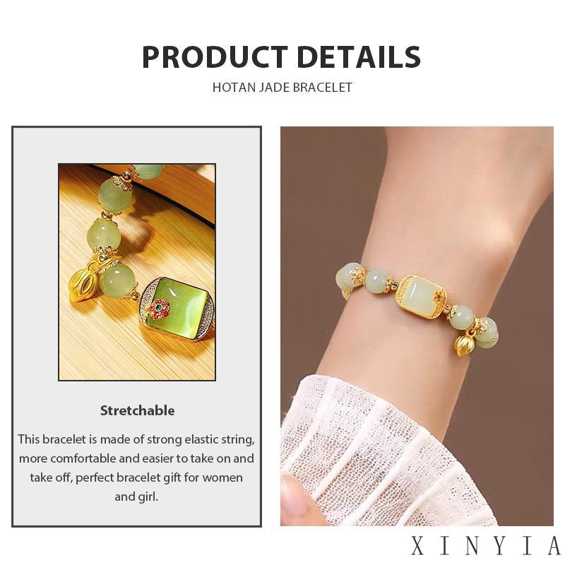 【Bayar di tempat】Gelang Tangan Manik-Manik Batu Jade Hetian Natural Bentuk Persegi Gaya Retro Untuk Wanita ACKER