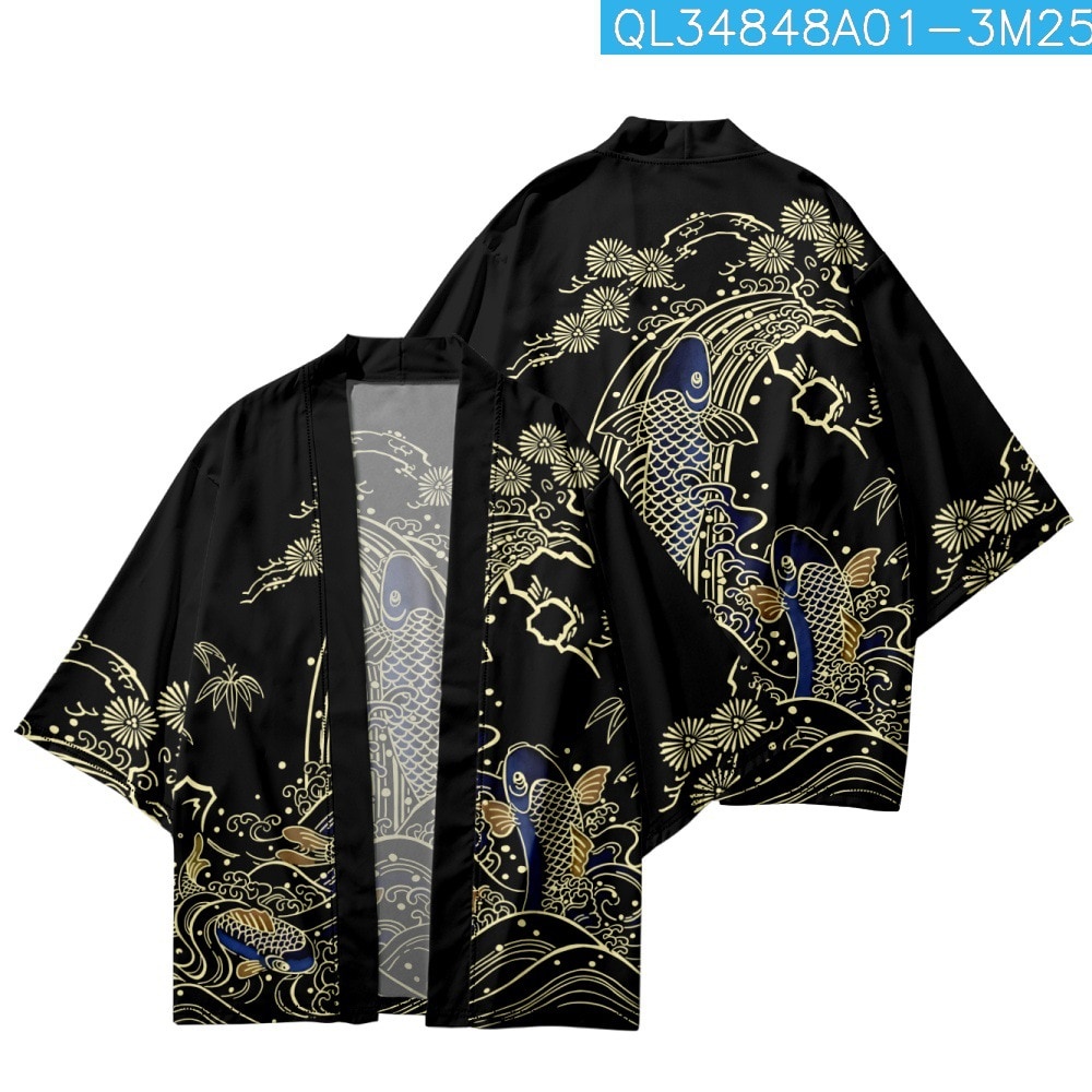 Kimono Cartoon Wave Carp Floral Printed Japanese Cardigan Koi Fish Women Men Haori