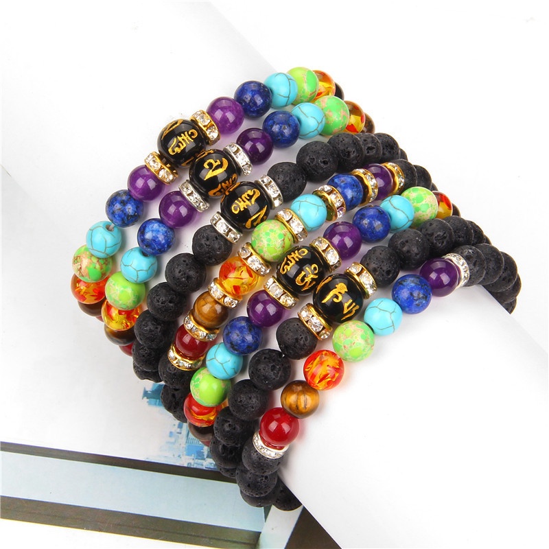 1pcs Unisex Colorful Mineral Beads Bracelets Seven Colorful Seven Chakra Six-character Bead Bracelet Hadiah Hari Valentine Untuk Wanita Dan Pria