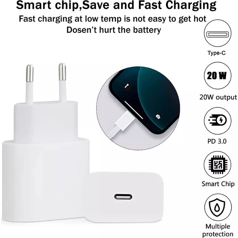 ROCKET CHARGER PD 20W ADAPTOR + KABEL USB-C TO LIGHTNING FAST CHARGING  CHARGER FAST CHARGING PORT TIPE-C 11 12 13 14 PRO PROMAX ORIGINAL