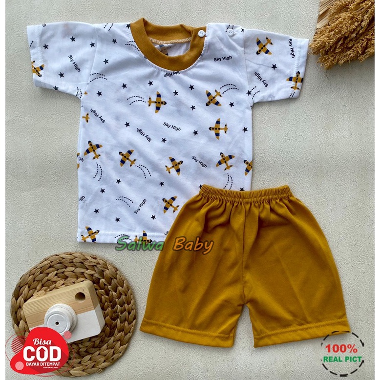 Setelan Baju Bayi Lengan Pendek Motif Pesawat Usia 3-12 Bulan