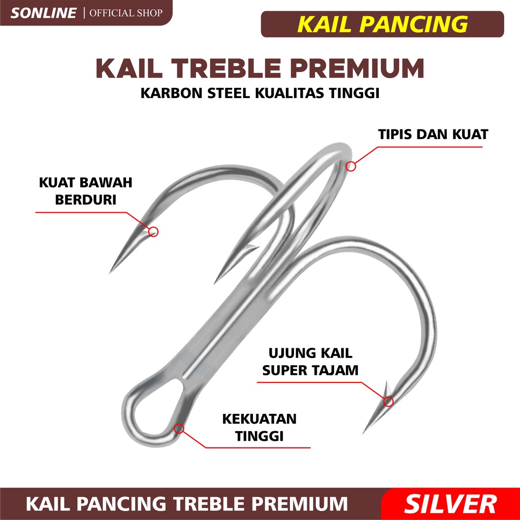 SONLINE 01pcs Premium Kail Trible Hook Triple Cabang Fukushima High Carbon Steel Treble Hook Tackle