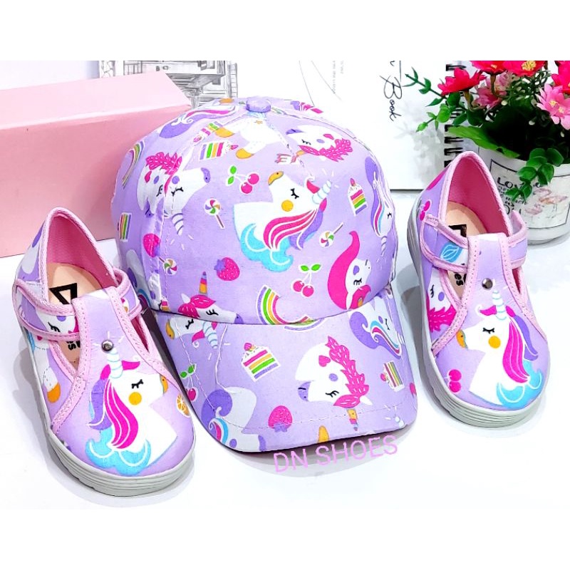 Paket Sepatu Anak Perempuan Paket Flatshoes Anak Topi Pet Anak Perempuan Lucu Karakter Unicorn Ungu Cute