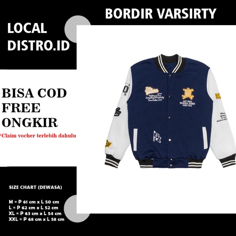 (BORDIR) JAKET VARSITY NAVY UNISEX FLEECE TEBAL 280 LOCAL M-XXL