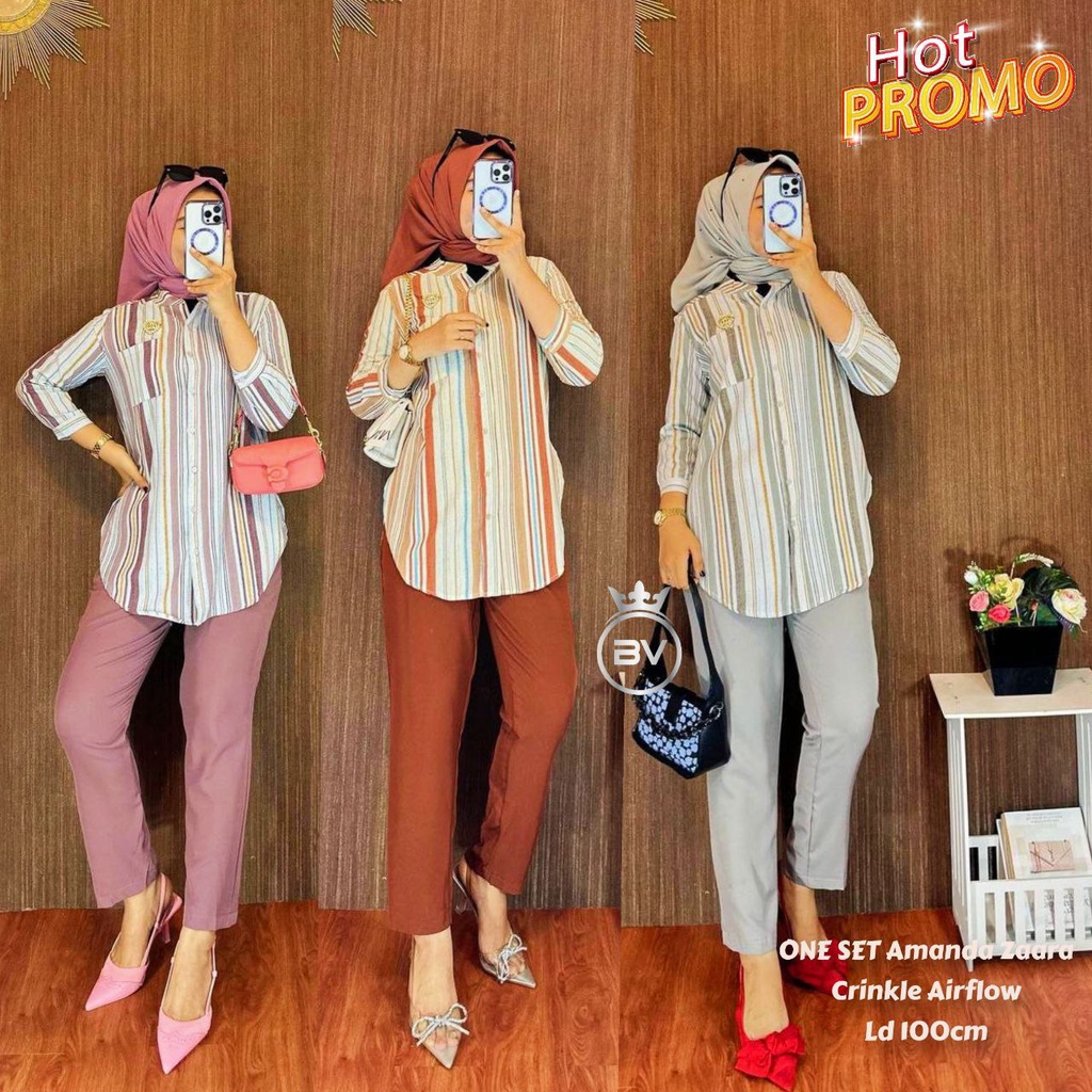Amanda Zaraa One Set Wanita Kemeja Import Crinkle Airflow Setelan Wanita Celana Panjang Lengan 7/8 LD 110 cm