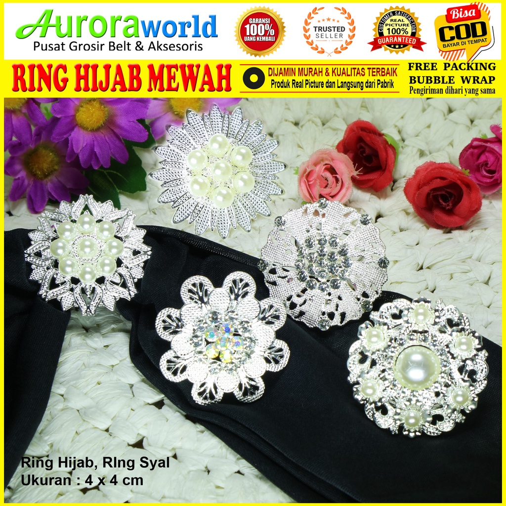 Auroraworld Ring kerudung aksesoris hijab bros ring syal permata Ring Pashmina Berlian mutiara Mewah bros cincin kerudung scarf hiasan jilbab fashion Terbaru 01