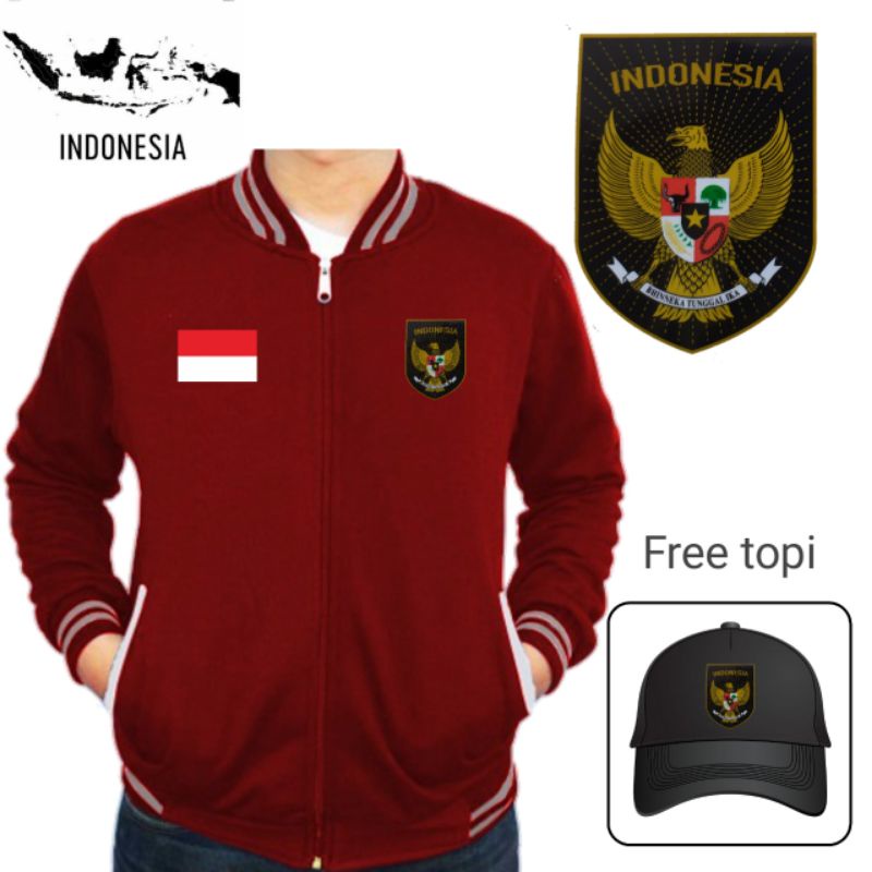 jaket varsity berbahan cotton fleece sablon Indonesia logo sepak bola Indonesia free topi