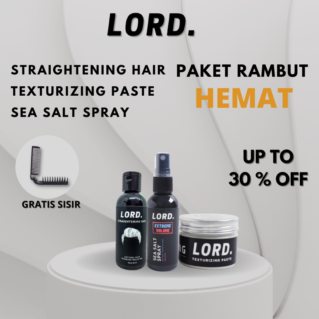 Lord Straightening Pelurus Sea Salt Spray Texturizing Paste/Clay/Pomade Paket Perawatan Rambut Pria Hemat Free Sisir