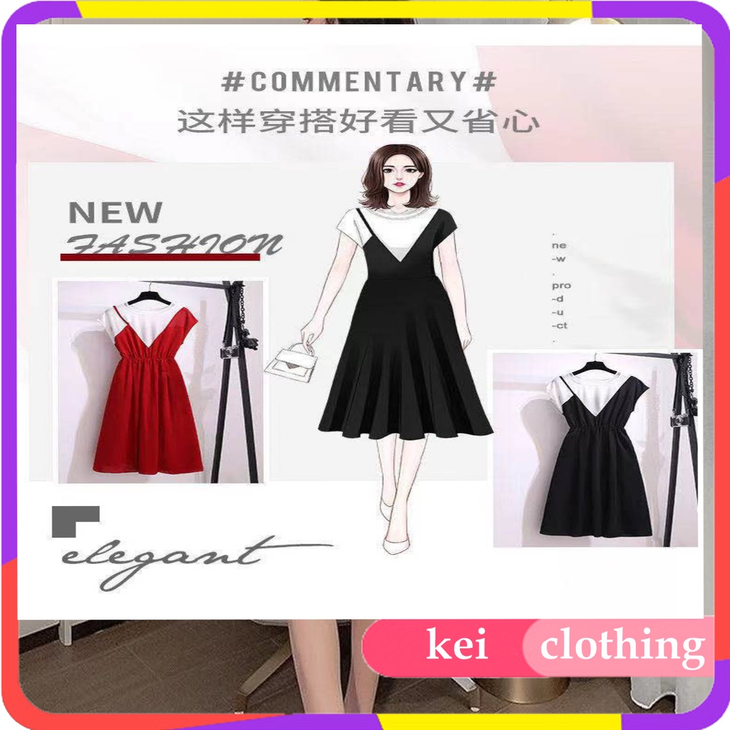 [kei] Dress Casual Cocktail Monokrom Hitam Putih Selutut Midi Asimetris Korean Style Berlengan