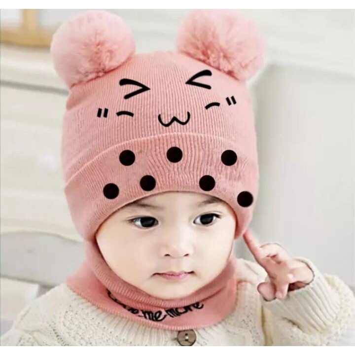 Kupluk Pom Pom Rajut Anak Bayi Bordir Boba / kupluk Baby Bordir Boba