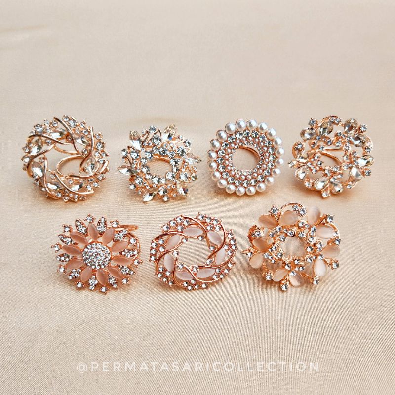 Bros Ring Cincin Import Korea Mewah Besar Aksesoris Jilbab Hijab Kerudung Scarf Buckle Alloy Wanita Muslim Muslimah Rosegold Small Brooch Bross Motif Bunga Pita Mutiara Kaca Cat Eye 1