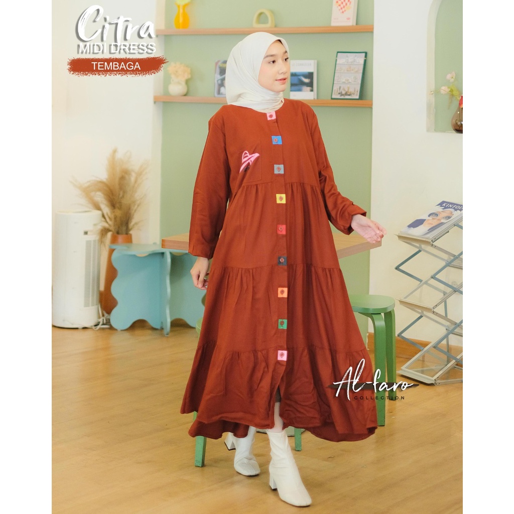 Midi dress viral kekinian citra janeta terbaru modern style baju gamis kancing warna warni terlaris