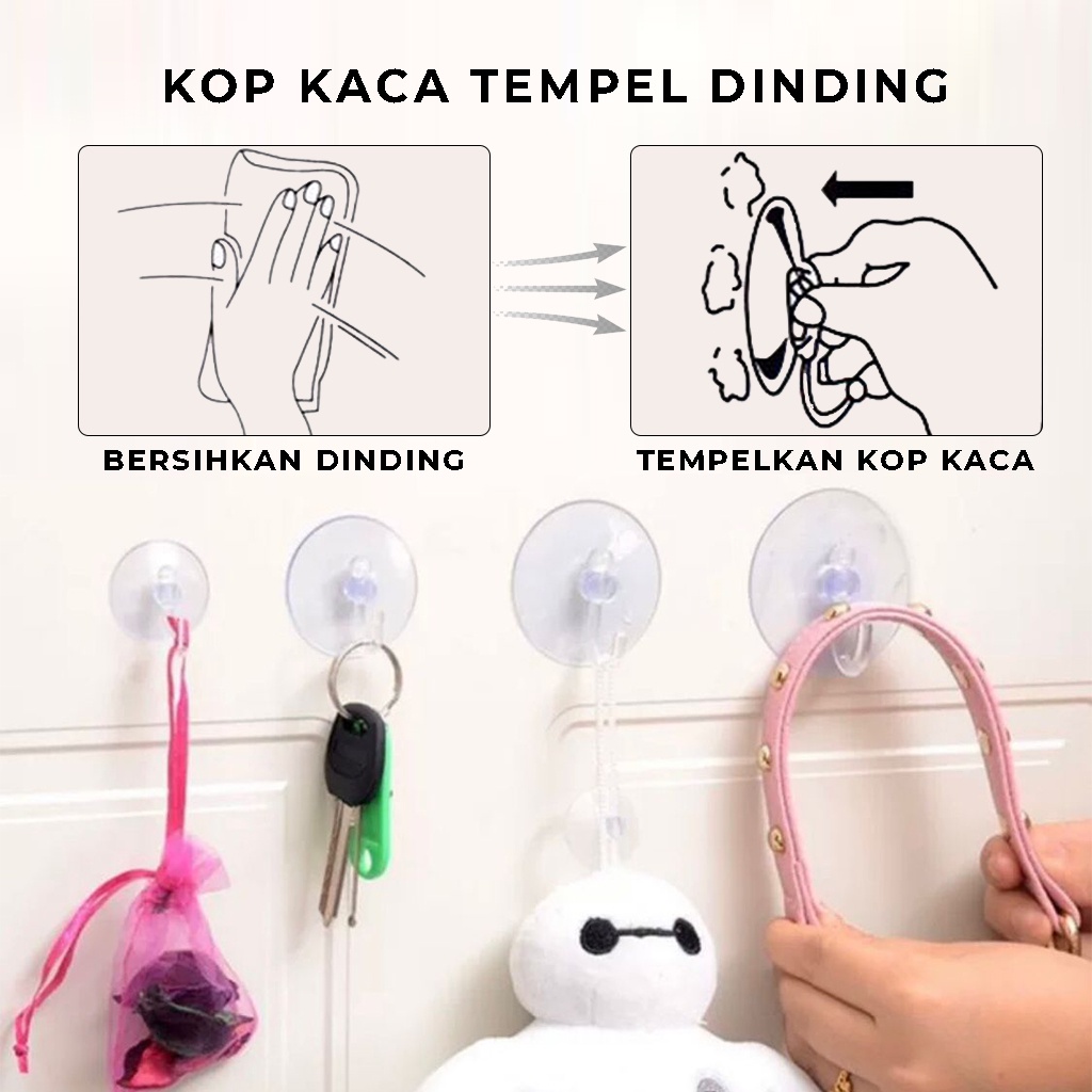 Kop Kaca Transparan Hook Gantungan Suction cup Serbaguna Cantolan Tempat Gantung Kunci Tas Spons Mandi Pakaian Handuk Tempel Cermin lemari kulkas dinding kuat anti slip | GROSIRXPRESS