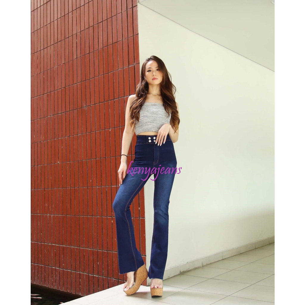 7C-G CELANA JEANS PREMIUM HIGHWAIST CUTBRAY KANCING 4 BIRU TUA ~ HIGHWAIST BOOTCUT JEANS ~ STREACH JEANS ~ 27-34