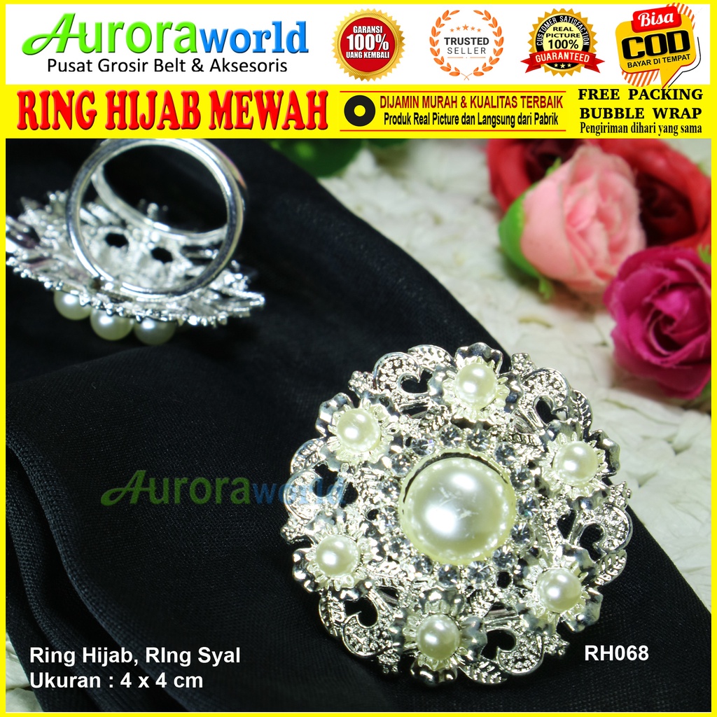 Auroraworld Ring kerudung aksesoris hijab bros ring syal permata Ring Pashmina Berlian mutiara Mewah bros cincin kerudung scarf hiasan jilbab fashion Terbaru 01