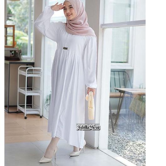 SALEmidi dress putih bahan Uniclo/rayon premium. Mukenah plisket polos variasi renda|SQ2
