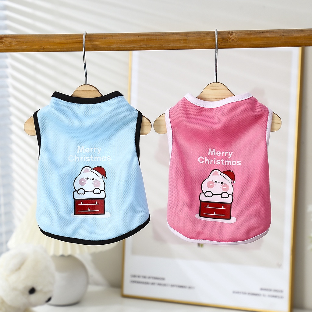 Pakaian Hewan Peliharaan Gaya Natal Rompi Dicetak Baju Anjing Lucu Tanpa Lengan Bernapas T-shirt XS-XXL
