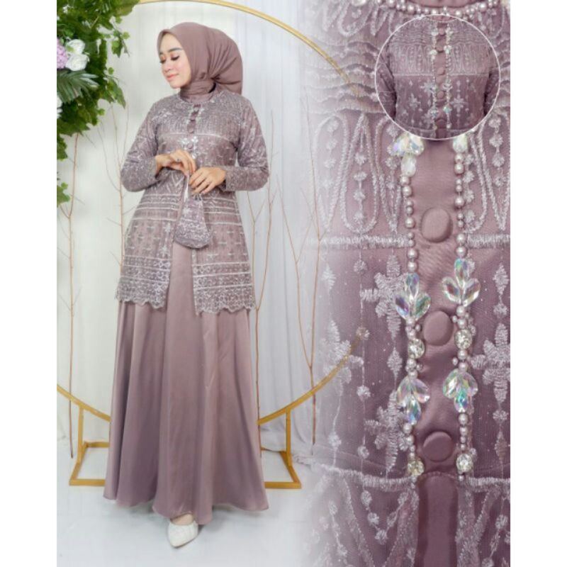 Gamis Brokat Kombinasi Satin Terbaru Kekinian Mewah Buat Kondangan Pesta Seragaman