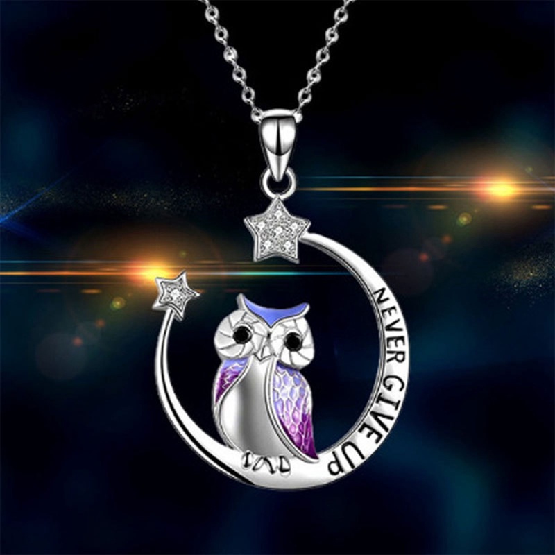 Cute Owl Moon Ladies Kalung Huruf Tidak Pernah Menyerah Liontin Bintang Zirkon Indah Romantis Hari Valentine Pesta Perhiasan