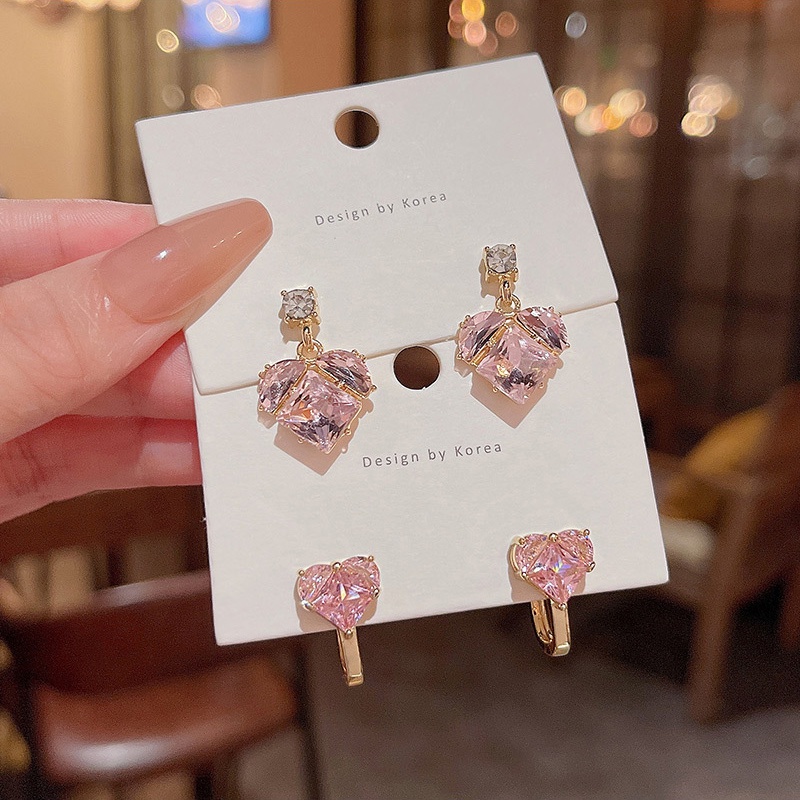 925jarum Perak Mewah Jarum Merah Muda Zirkon Anting Hati Mode Halus Kecil Anting Gesper Telinga